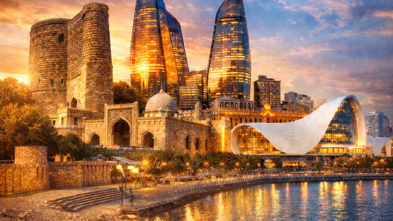 Bakı'nın gün batımındaki panoraması