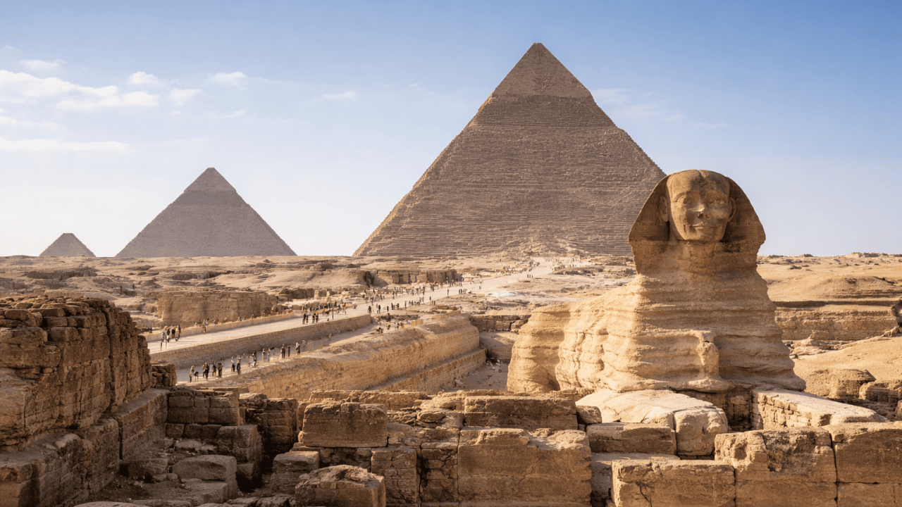 Giza piramitleri ve Sfenks'i gün batımında (1)